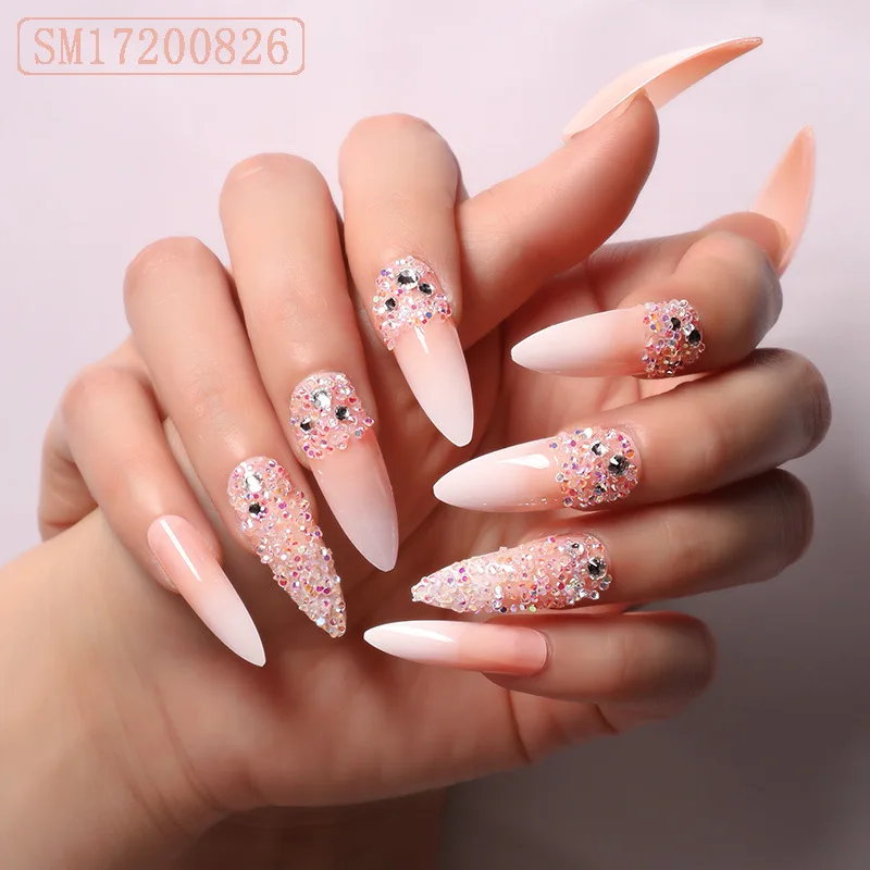 

Super long stiletto reusable press on nails rhinestone nude ombre press on nails with box professional false nails