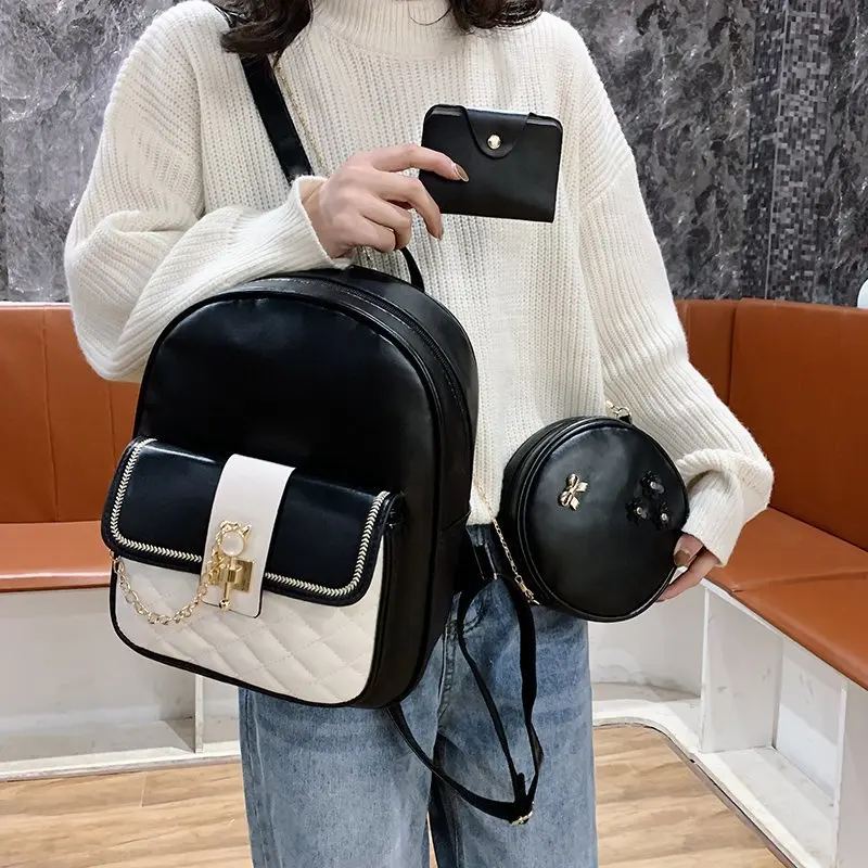 

New Model College Bags Fashion Women PU Colorful Leather School Bags 4 Pcs in 1 Set Female Backpack, Pink/black/green