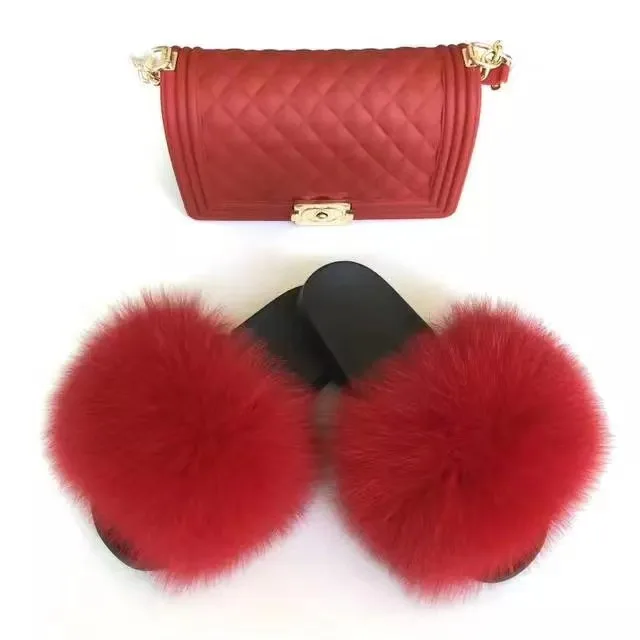 

Plush slippers 2021 Summer wholesale fluffy real fur slides/slippers match lady purses and handbags ready to ship fuzzy slippers
