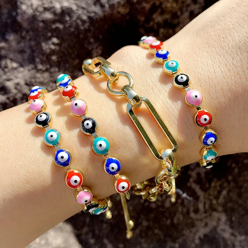 

Bohemian Ladies Adjustable Bracelet Jewelry Retro Colorful Evil Eyes Beads Bracelet 18K Gold Plated Link Chain Bracelet (KB8380), As picture