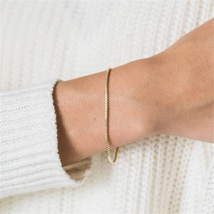 EManco Minimalist Waterproof 14K Gold Plated Stainless Steel Smooth Box Chain Bracelet Unisex Gift