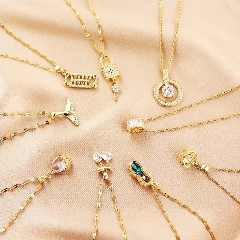 

Rinhoo Shiny Luxury Trendy Gold Plated Crystal Zircon Geometric Pendant Necklace Stainless Steel for Women Girls Jewelry
