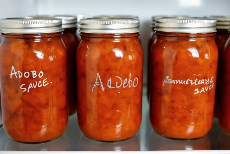 Glass jars containing homemade adobo sauce stored in refrigerator with proper labeling