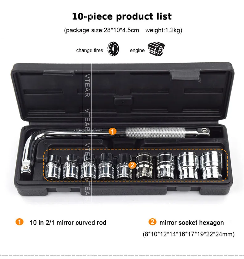 Vtear Auto Reparatie Tools Professionele 46 Pcs 1/4inch Socket