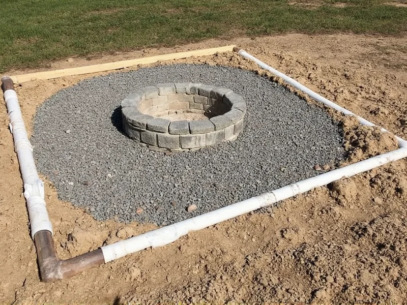 Fire pit construction showing gravel base and drainage pipe