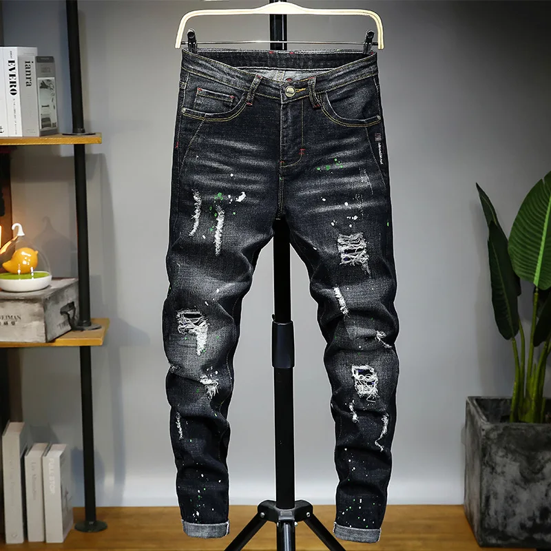 

New men's jeans fashion ripped casual straight tube jeans pant stretch slim fit stacked jeans for men