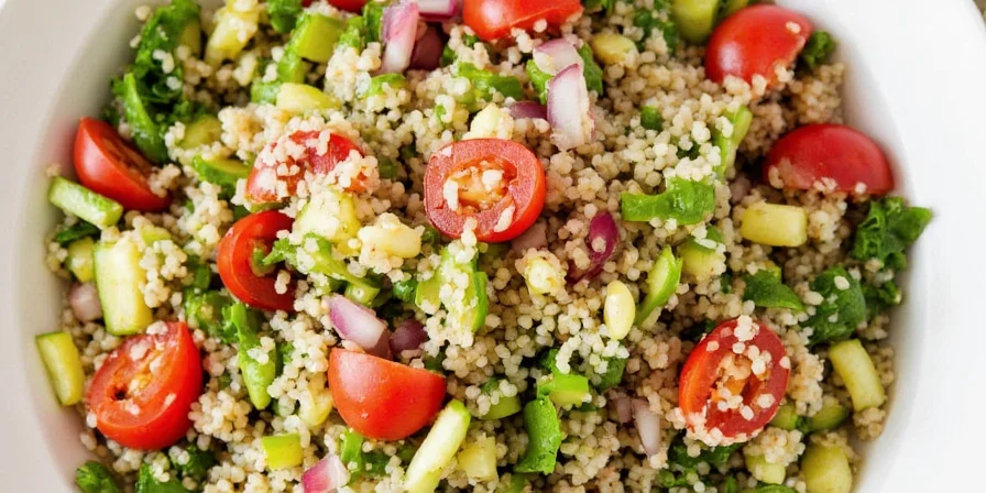 A finished tabbouleh couscous salad in a glass bowl with a fork nearby.