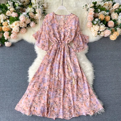 

2020 Summer Women Fashion Trumpet Sleeve Long Chiffon Beach Dress