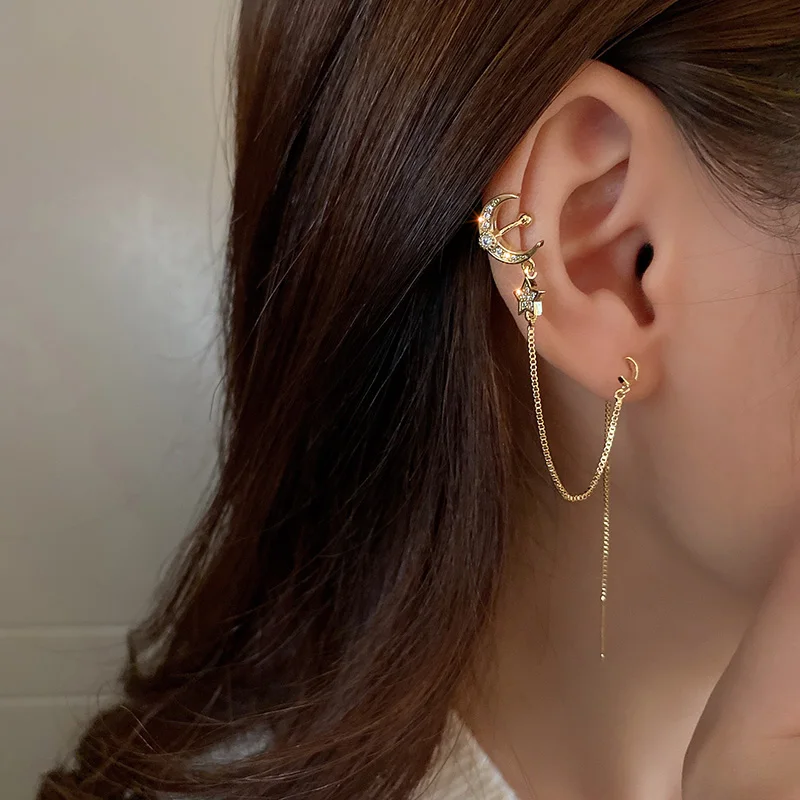 

fashion moon star crystal long earring cuff