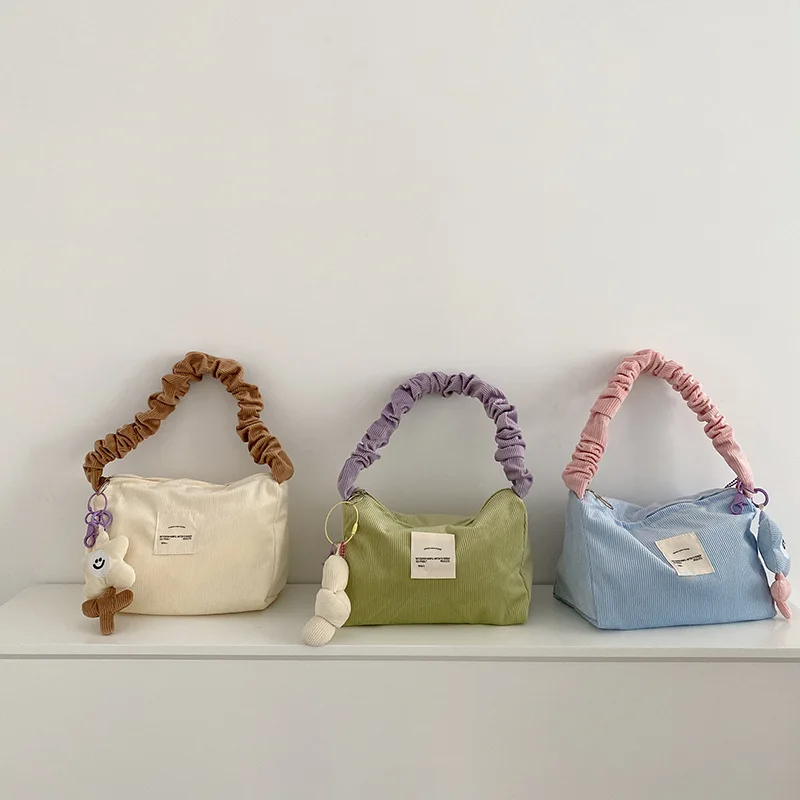 

Autumn Winter New Corduroy Pleated Handbag Color Collision Women Underarm Bag