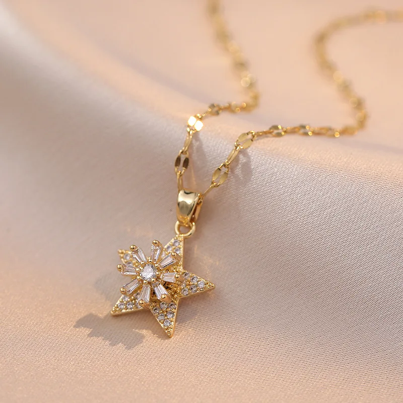 

Stainless Steel Crystal Star Flower Pendants Choker Necklace For Women Girl Party Gifts