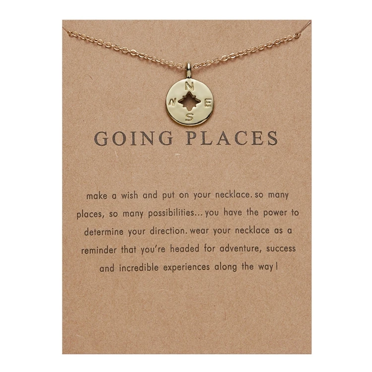 

ZHIYI Charm Wish Card Elegant Women Gold Silver Plated Compass Pendant Necklace Jewelry For Girls, Color plated as shown