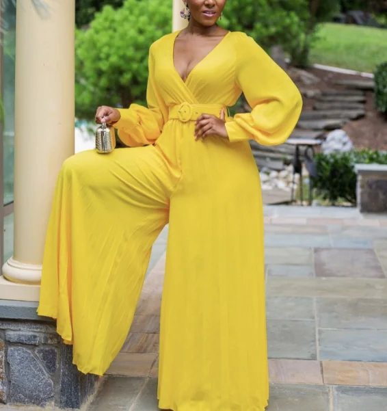 

2021 Latest Spring Sexy Deep V Neck Pleates African Women Jumpsuit, Blue yellow