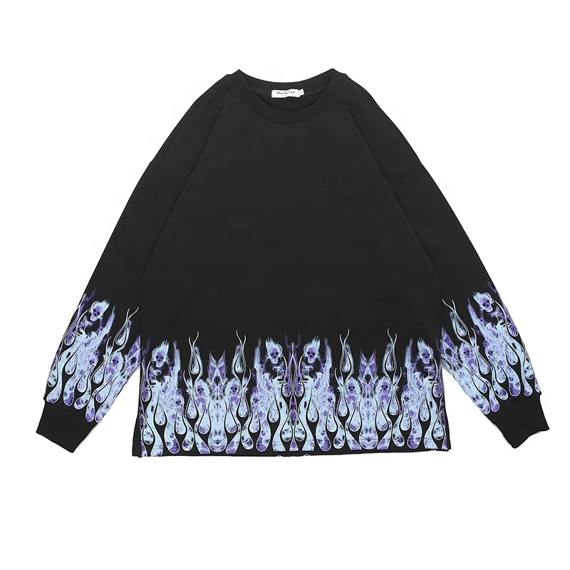 

Blue Flame Skull Graphic Print Crew Neck Hip Hop Street Wear Sweatshirt for Men Women, 2 colors