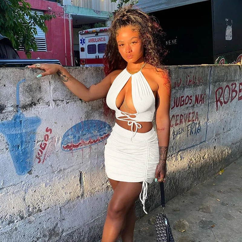 

Dvacaman 2021 New Arrivals Plain Hollow Halter Backless Sleeveless Crop Top and Slim Shorts Skirt Women Sets Spring Summer, Picture color