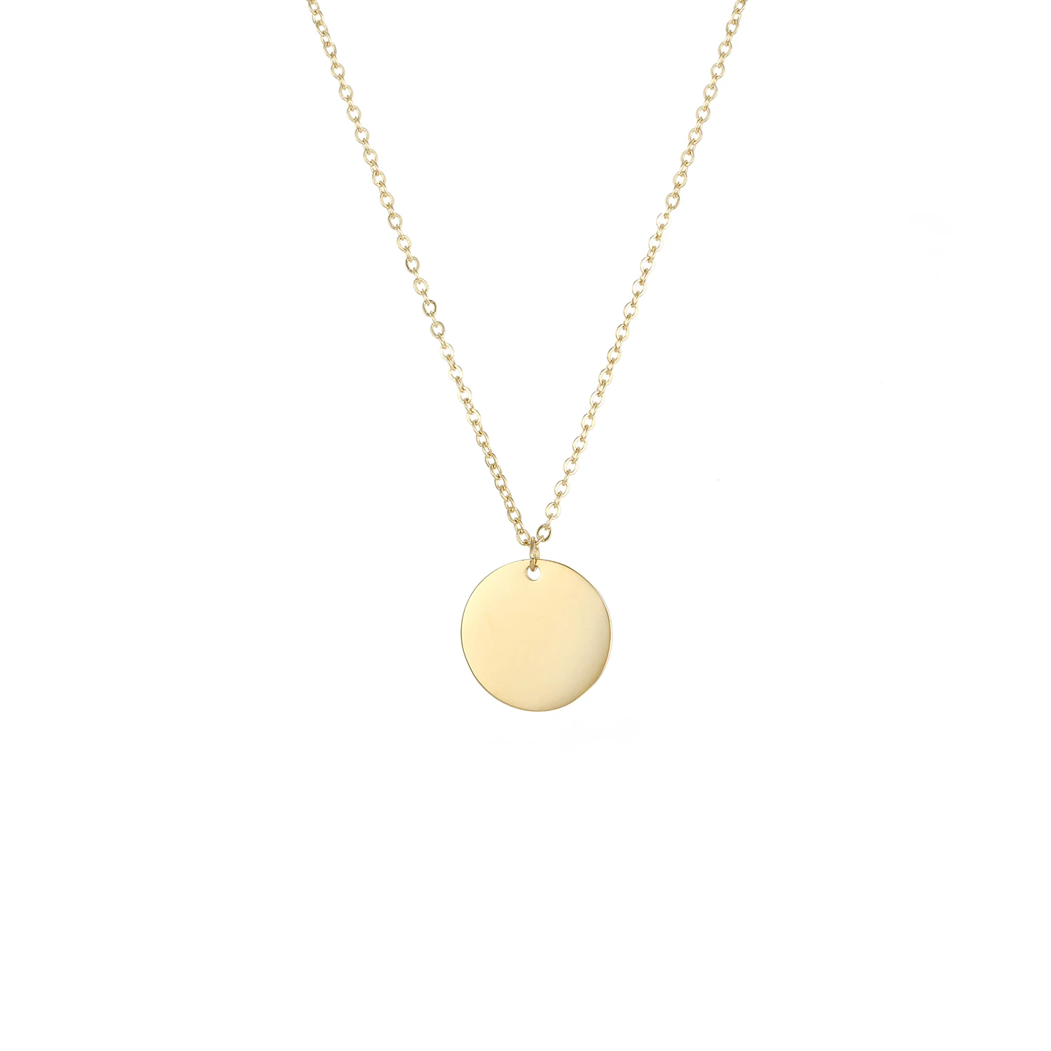 

JUJIE 2021 Simple Design Glossy Disc Pendant Necklace14K Gold Classic Engraving Necklace Unisex Accessory