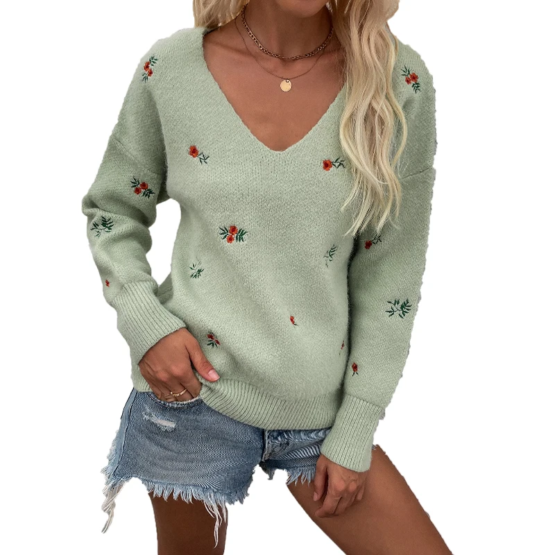 

2021 autumn and winter hot selling new print V-neck large loose women's sweater casual Pullover Sweater women's sweater