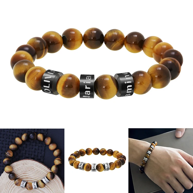 

feng shui Wooden bracelet pierr naturel Jewelry Custom Engrave Logo Stainless Steel Charm Natural Stone Beads Bracelet For Men