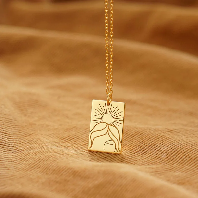 

Stylish sun medallion necklace jewelry tarnish free stainless steel gold plated rectangle pendant sunburst necklace