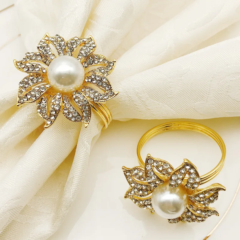 

Flower Pearl Alloy Napkin Rings Fashion Crystal Napkin Buckle Party Napkin Holder Towel Buckle HWP16