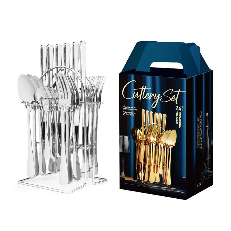 

Silver Silverware Cutlery Set 24 Piece With Stand Tableware Stainless Steel Flatware Dinnerware Sets, Silver/gold/black/silver with coloful handle/gold with colorful handle