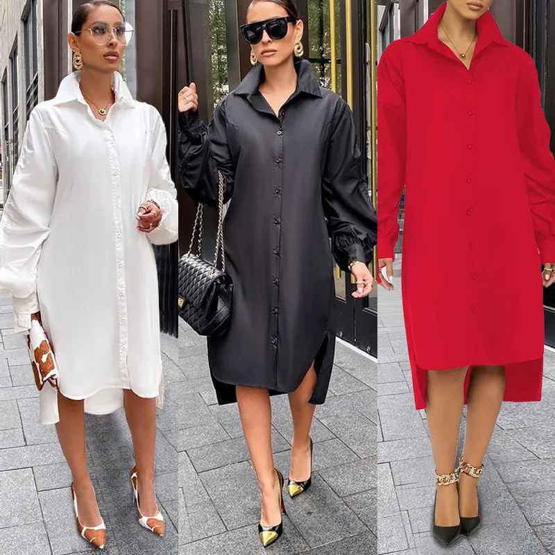 

Wholesale Plus Size Long Sleeve Lapel Button Down Shirts Midi Dress For Women, 3 colors