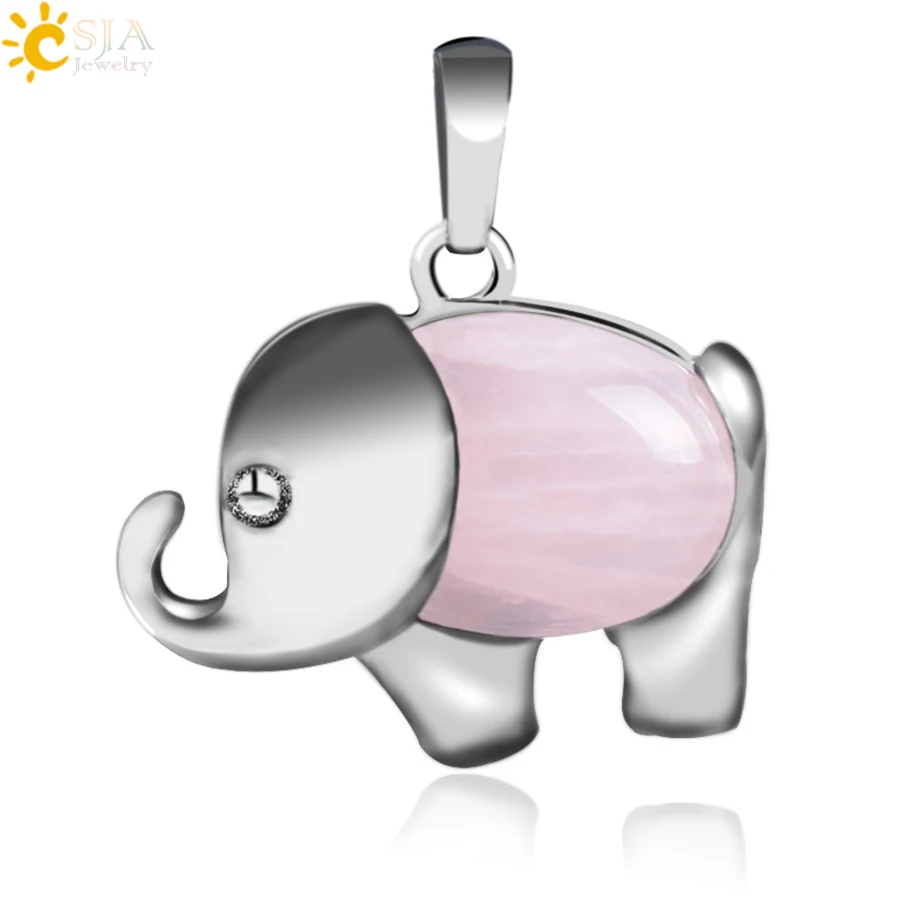 

CSJA hot natural gemstone pink quartz energy lovely elephant pendants for child women E928