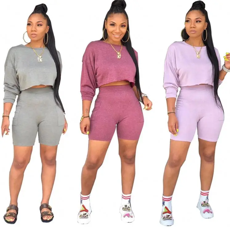 08AF592 wholesale autumn fashion Bat shirt long sleeve round neck sport woman casual two piece short set
