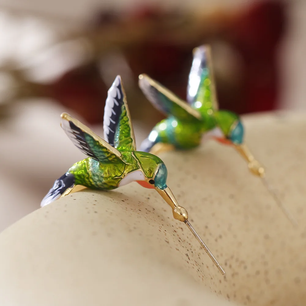 

CE0521 925 Silver Post Colorful Enamel Hoop Earrings Humming Bird Earring, Gold