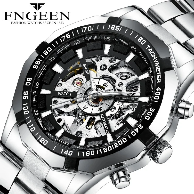 

FNGEEN Watch A001 Brand High Quality Silver Stainless Steel Mens Skeleton Watches Luxury Transparent Mechanical Male Wrist Reloj, 2-colors