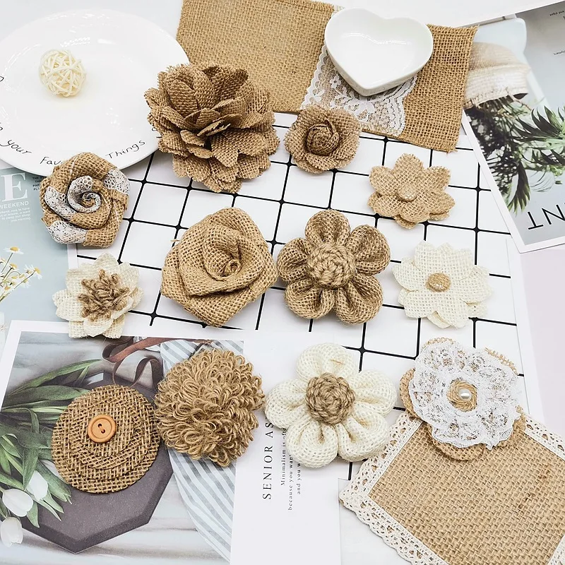 APICCRED 24PCS Burlap Flowers for Crafts 12Styles Natural Handmade Rustic Rose 