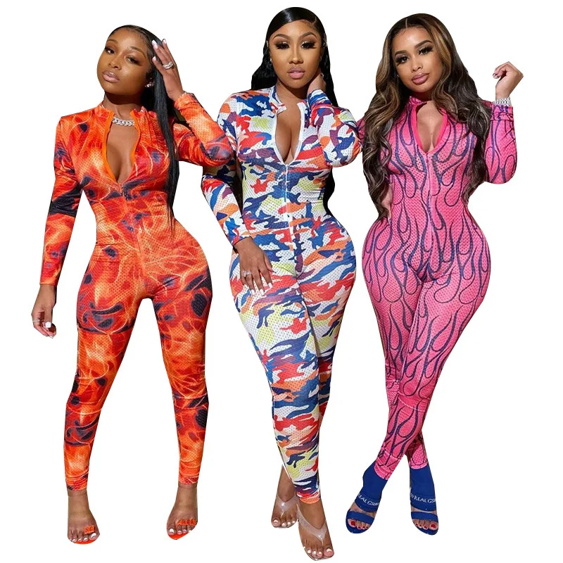 

HOBISH Fashion Sexy Bodycon Jumpsuits Zipper V Neck Long Sleeve Tie Die One Piece Outfits Rompers Party Playsuits