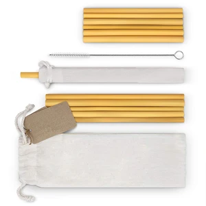 Image of Set of 10 with Cotton Bag 2 Cleaning Brushes Kids and Adults Bamboo Straws