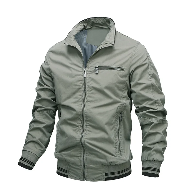 

Spring and Autumn Fashion Casual Men's Solid Color Long Sleeve stand Collar zipper Jacket, Grey, green,dark blue