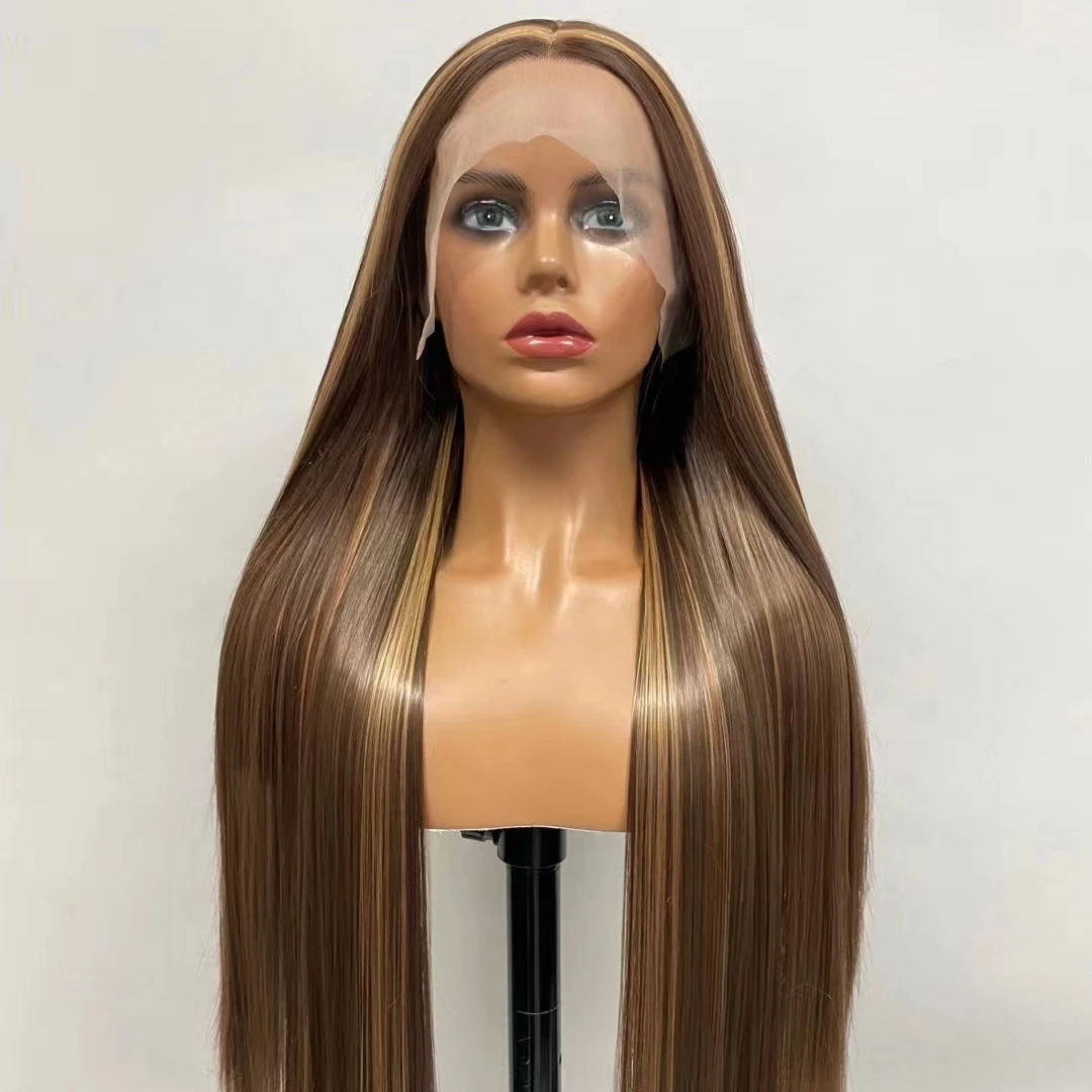 

Cheap Middle Part Long Straight Front Lace Brown Mixed Blonde Ombre Wigs For Black Women Fiber Wigs Synthetic Highlight Hair Wig