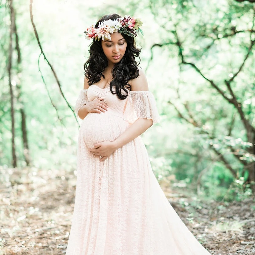 

Lace pregnant woman Tailed short sleeved dress Flying sleeve dress