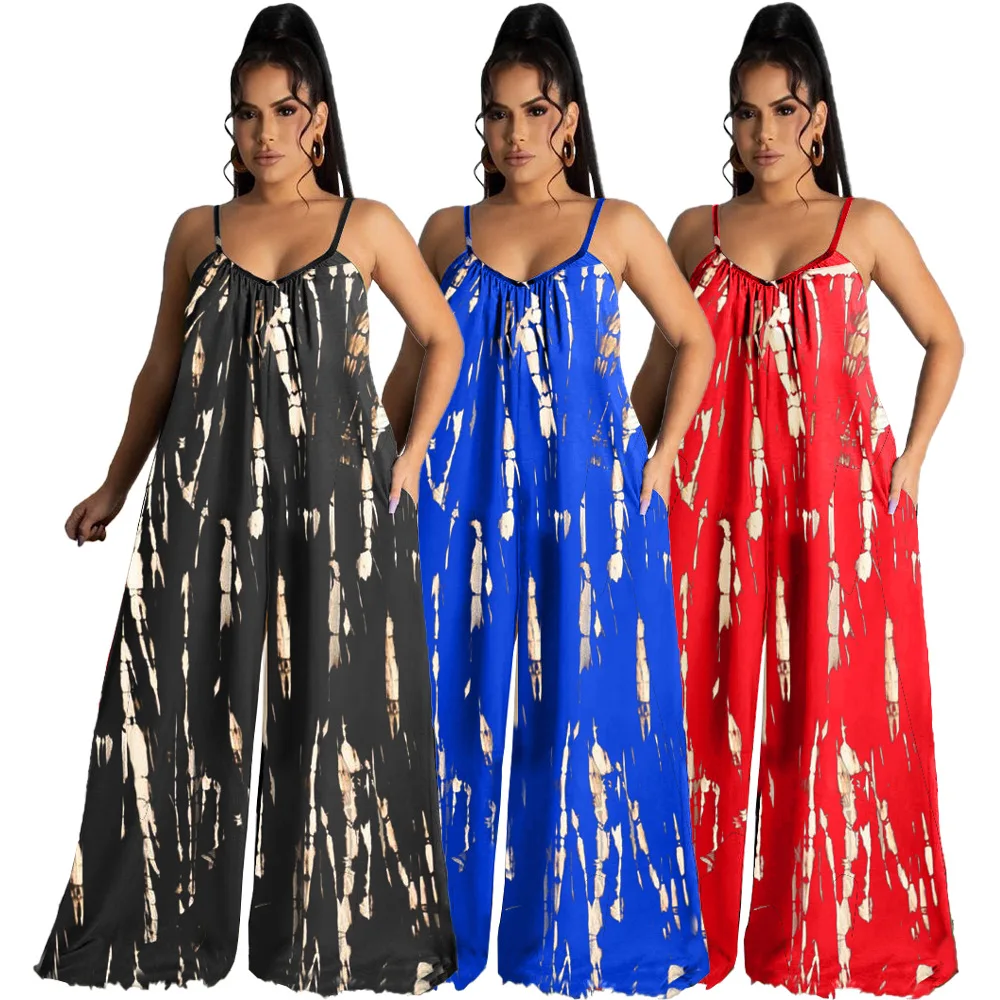 

10510-MX38 loose suspender printed wide leg jumpsuits playsuits women sehe fashion