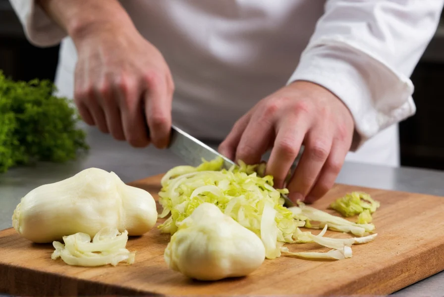Professional chef slicing fresh fennel bulb on wooden cutting board with sharp knife