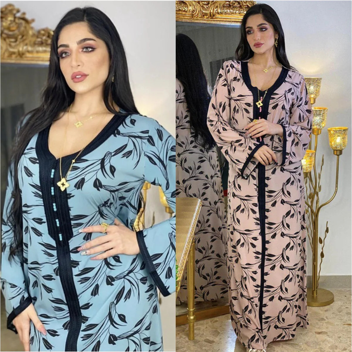 

Dubai eid women dress long print floral dress muslim cardigan, Blue,pink
