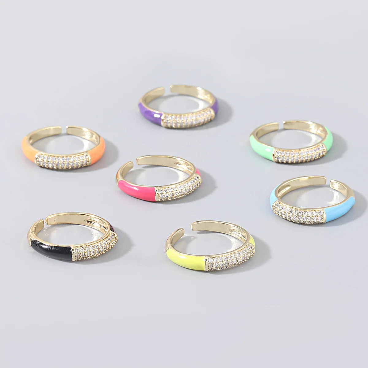 

18k Gold Plated Thin Colorful Oil Driping Finger Ring Micro Pave Rhinestone Enamel Adjustable Rings