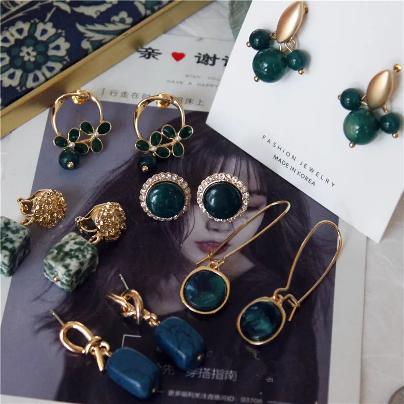 

Retro Natural Blackish Green Jade Diamond Drop Earrings Vintage S925 Sterling Silver Geometric Diamond Pearl Stud Earrings Xmas