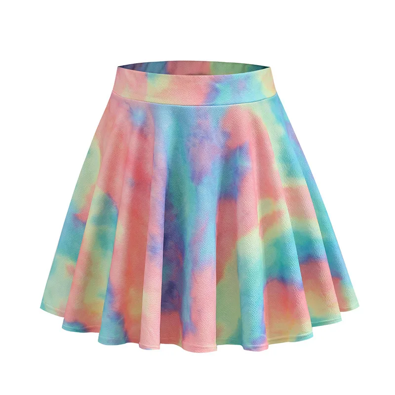 

High Quality Fashionable Women Clothes Casual Dresses High Waist Elastic Print Skater Dress Tie Dye Skirt, Purple,blue,pink,orange,colorful