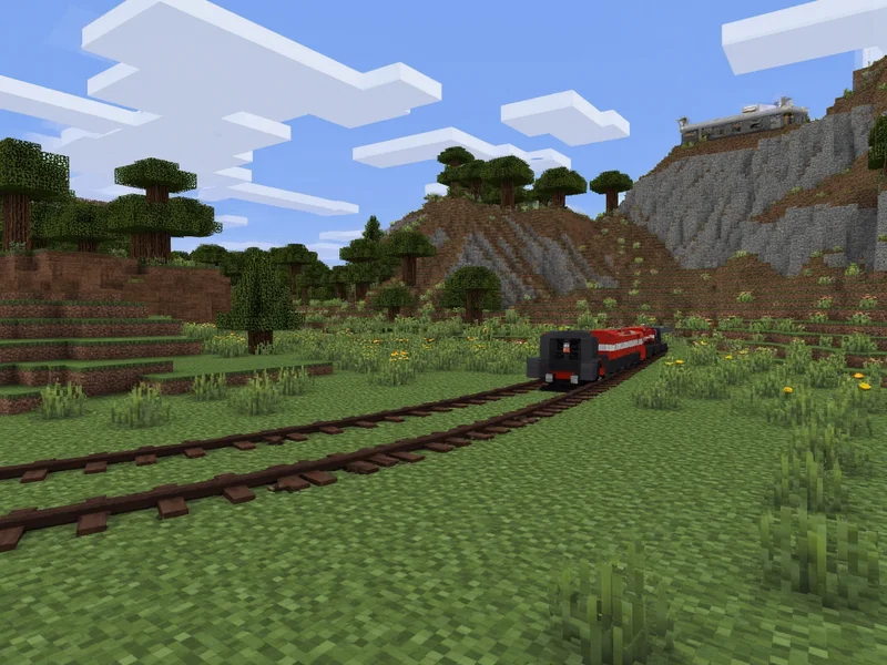 Minecraft powered rails in action on hill terrain