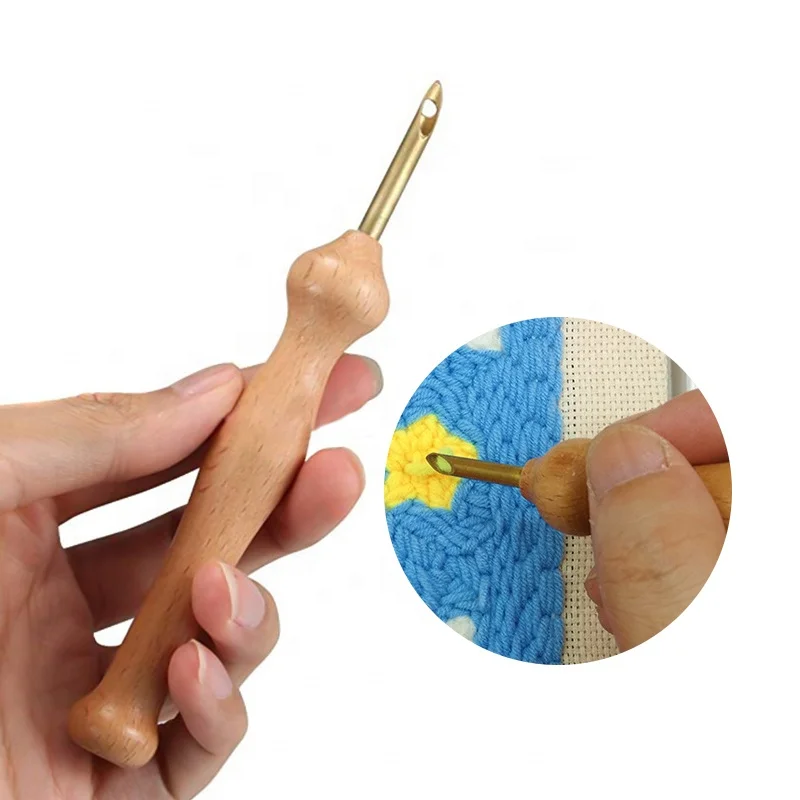 

Durable Knitting Embroidery Pen Punch Needle Threader Set DIY Wood Handle Sewing, Natural wood color