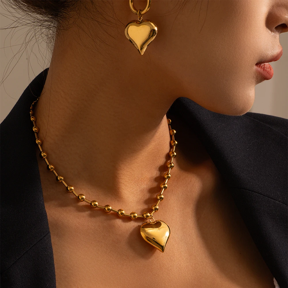 

J&D 18k Gold PVD Stainless Steel Heart Shaped Beaded Bracelets Necklace For Women Fashion Jewelry