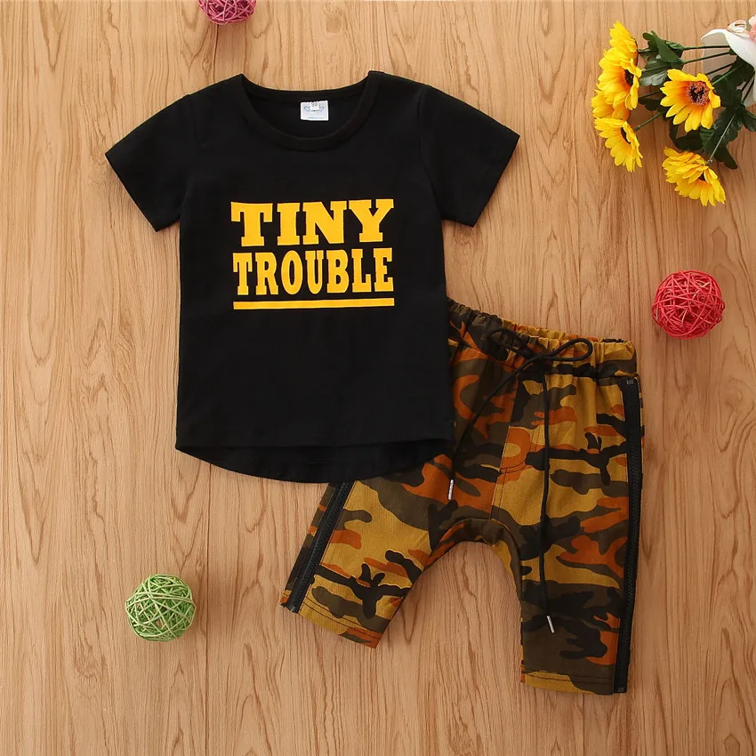 

New spring autumn toddler Boys 2 Pieces sport Clothing Set letter printed T-shirt + camouflage shorts clothing set for kids, Picture shows