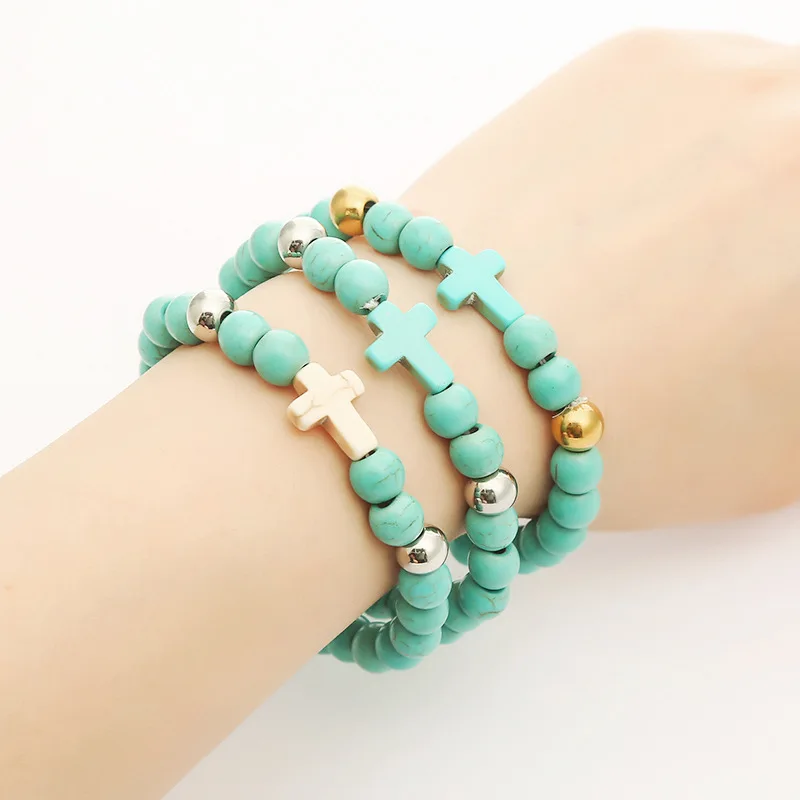 

Adjustable Gold Ball Green Turquoise Beaded Bracelet Summer Religious Cross Turquoise Beaded Bracelet