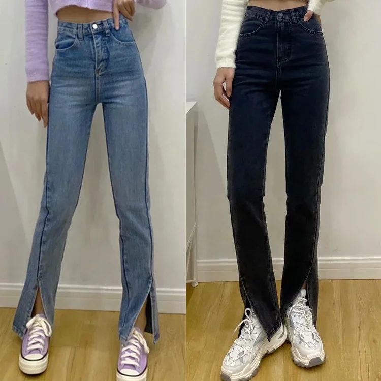 

B63845A Spring 2021straight style high waist slit jeans wholesale women trousers