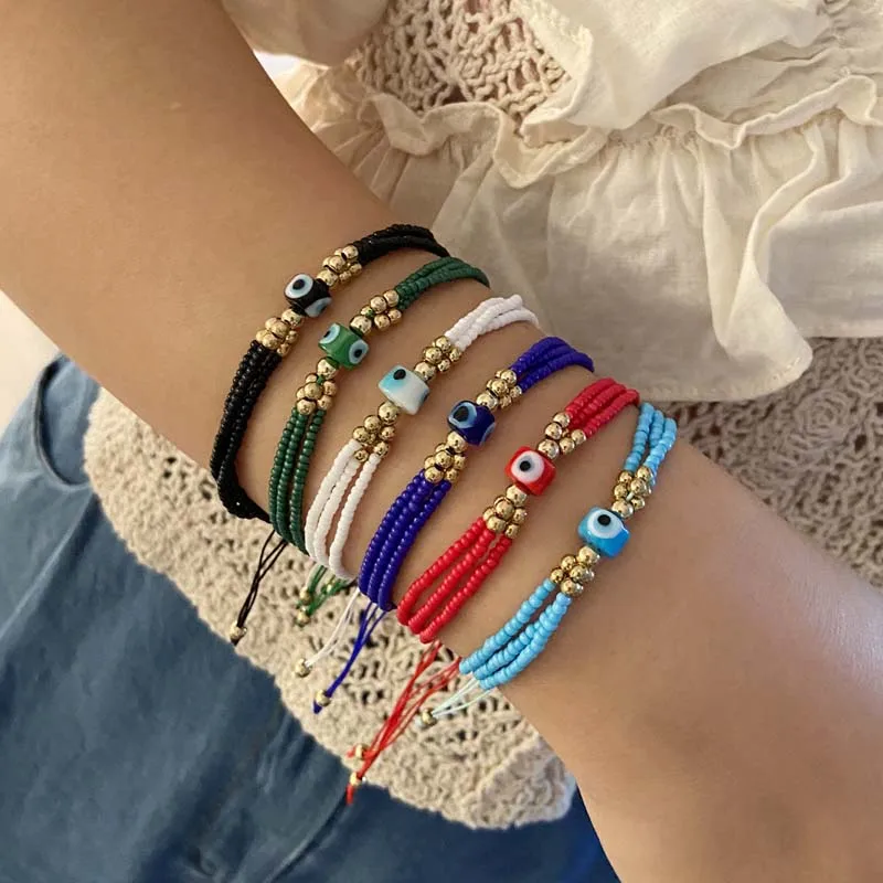 Fashion Colorful Devil's Eye Bracelet Women's Crystal Beads Hand-woven Cord Children's Couple Lucky Jewelry Gift