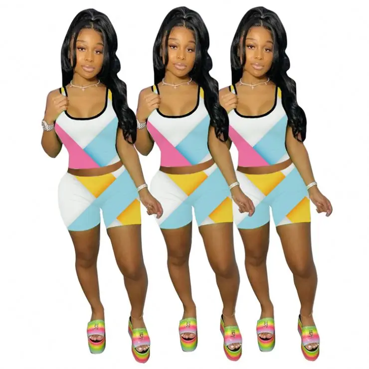 

Popular Female Track Suits Plus Size Print Cropped Top Summer Workout Homewear Women Two Piece Set, Custom color